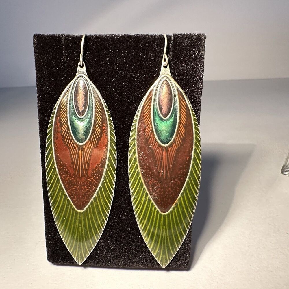 Peacock Enamel Earrings Pierced  Boho Multicolor 3” Beautiful!